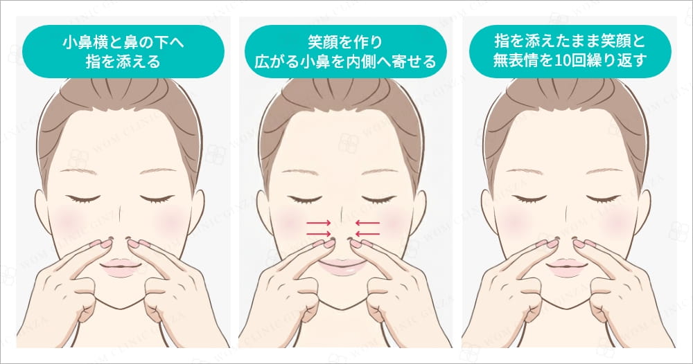 鼻の下に指を添え笑顔と無表情を繰り返す女性
