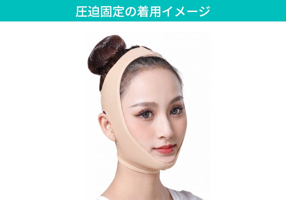 圧迫固定用フェイスバンドを着用する女性の顔
