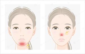 顎と鼻に炎症のある女性の顔イラスト比較