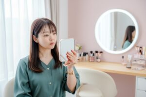 部屋で手鏡を見つめる女性