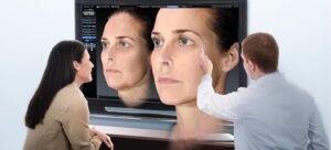 医師と患者が顔の3Dシミュレーションを見ている様子